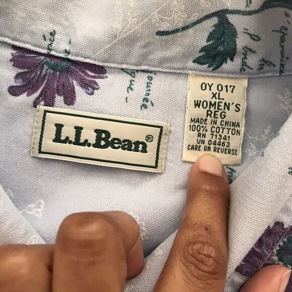 Vintage 90s LL Bean Blue Floral Botanical 100% Cotton Collared Shirt L/XL - Picture 8 of 8